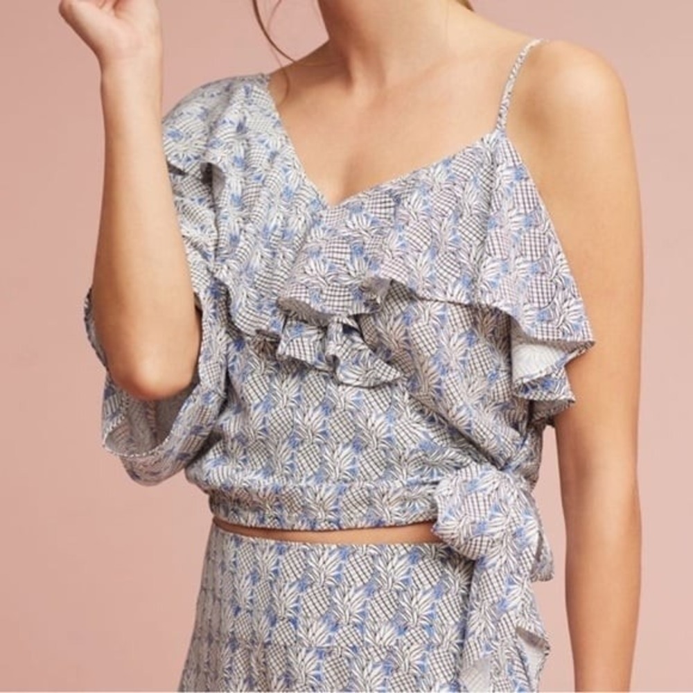 Maeve Anthropologie Pineapple One Shoulder Wrap Top Blue White Ruffle XS